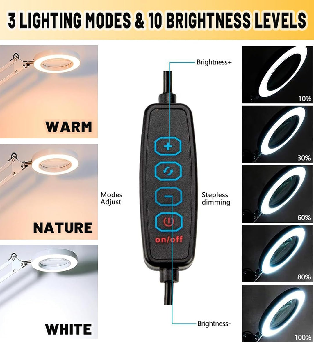 10X Lupe mit Licht und Ständer, Lupenleuchte mit 72 LEDs, 3 Farbmodi Dimmbare&amp;10 Helligkeitsstufen,