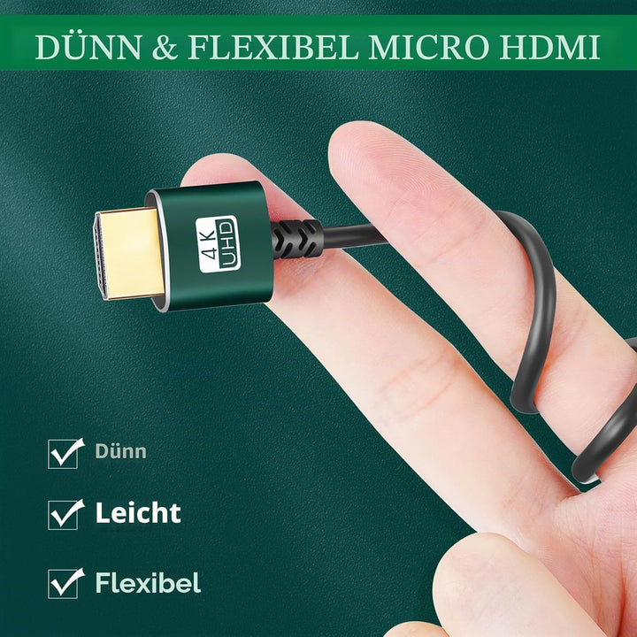 Dünnes Micro HDMI auf HDMI Kabel 2M 2 Stück, Ultradünnes Flexibles HDMI Micro Typ D auf Typ A Kabel