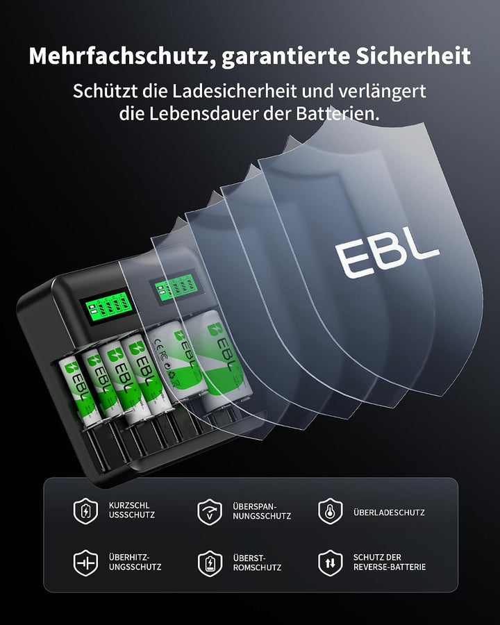 EBL Akku Ladegerät inkl. 4*AA 2800mAh und 4*AAA 1100mAh Schnell Batterie ladegerät-für AA AAA C D NI
