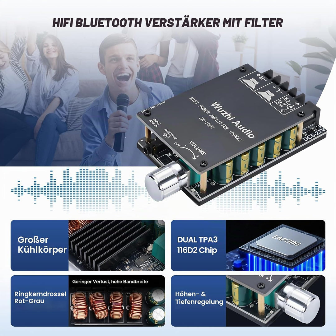 2x100W HiFi-Verstärker, Bluetooth 5.0 Audioverstärker Amp mit LC-Filter &amp; TPA3116 Chip, Stereo Mini