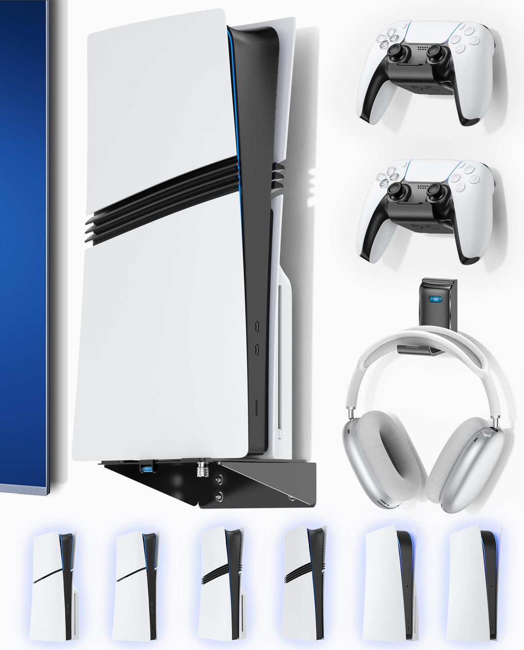 PS5 Wandhalterung für PS5/Slim/Pro mit Headset &amp; Controller Halter, PS5 Stand, Universal 2 Pack Cont