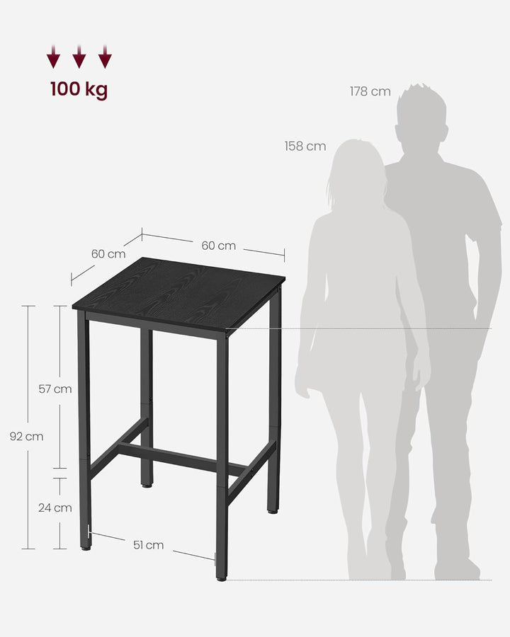 VASAGLE Bartisch, Stehtisch, Küchentisch, hoch, mit Stahlgestell, 60 x 60 x 92 cm, einfache Montage,