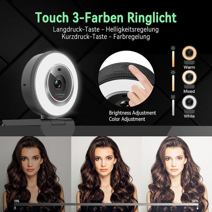 Angetube Webcam für PC, 1080P/30fps USB-Kamera mit Ringlicht, Privatschatten, Autofokus, Computer Ca