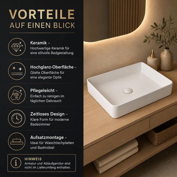 AUFSATZWASCHBECKEN WASCHTISCH WASCHBECKEN WASCHSCHALE HANDWASCHBECKEN WC OVAL RUND RECHTECKIG Kerami