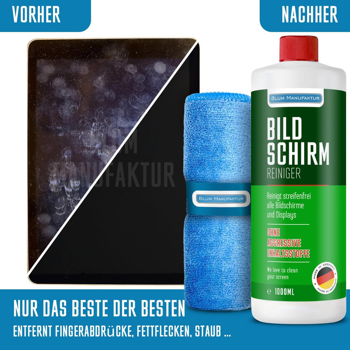 Blum Manufaktur 1000 ml Bildschirmreiniger + 30x30 cm Mikrofasertuch Supersoft 365GSM - Screen Clean