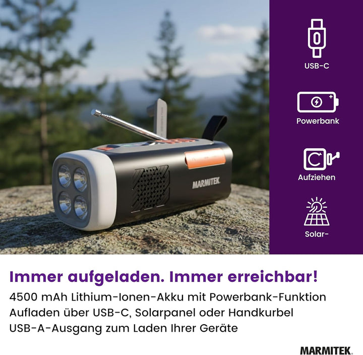 Kurbelradio Marmitek RESQ 200 – Solar Notfallradio mit DAB+, Farbdisplay &amp; 360° LED Licht – Powerban