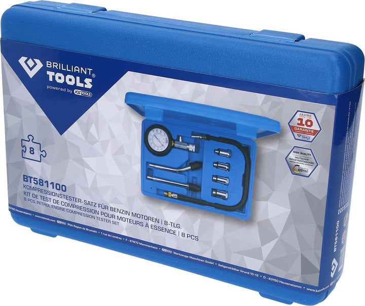 BRILLIANT TOOLS BT581100 Kompressionstester-Satz für Benzin Motoren, 8-tlg [Powered by KS TOOLS] 8-t