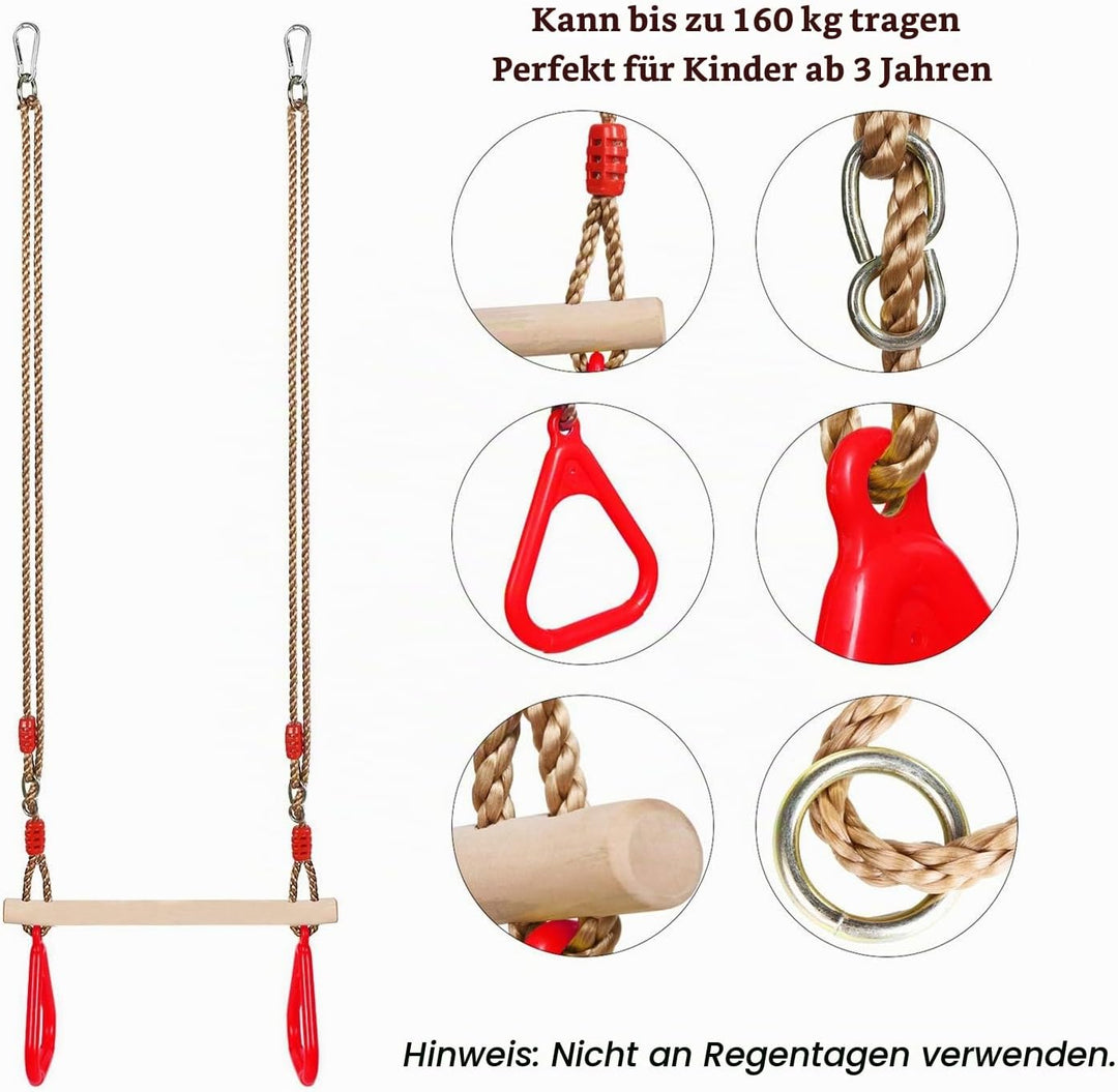 PELLOR Multifunktions Kinderholz Trapeze Schaukel mit Kunststoff Turnringe zum Aufhängen belastbar b