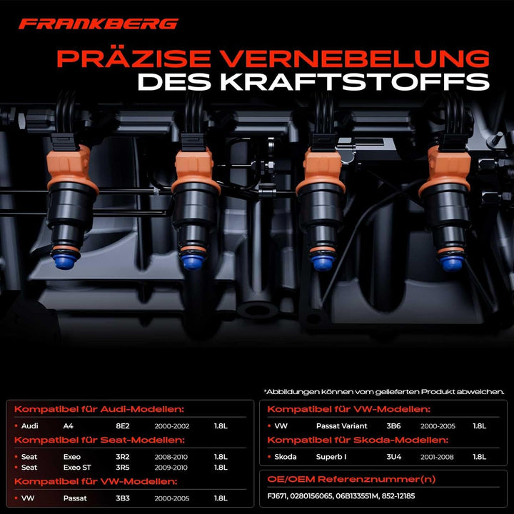Frankberg 4x Einspritzventil Einspritzdüse Injektor Kompatibel mit A4 2000-2002 Exeo 2008-2010 P.a.s