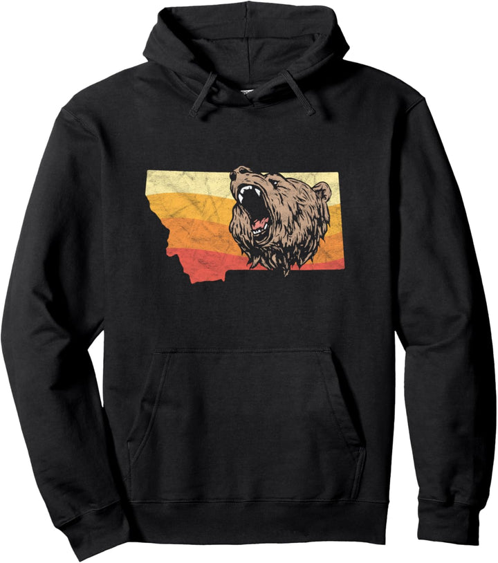 State of Montana Roaring Grizzly Bear 80s Sun Vintage Pullover Hoodie