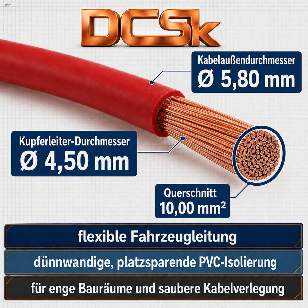 DCSk Fahrzeugleitung - 10mm² - 10m - FLRY B asymmetrisch - 10 mm² - KFZ Kabel Litze - Schwarz - 10mm