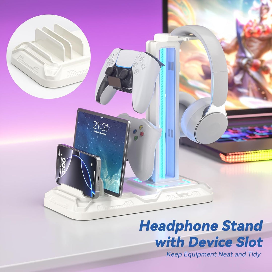 KDD Headset Halterung Led mit Ladestation - PS5 Controller Halter &amp; Kopfhörer Ständer Tisch mit 9 Li