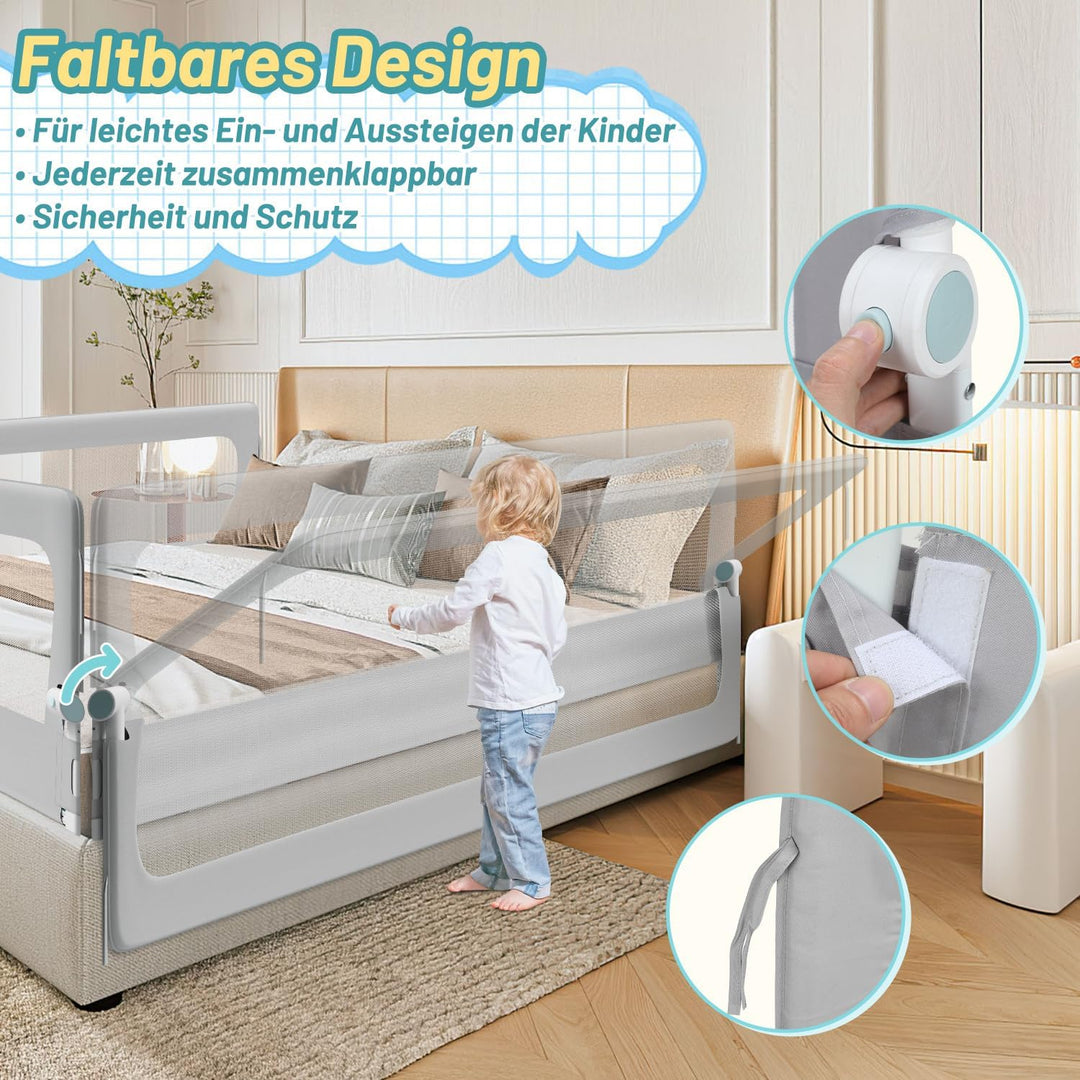 Bettschutzgitter 200×68 cm Rausfallschutz Bett – extra breites halb klappbares Bettgitter für Baby &amp;
