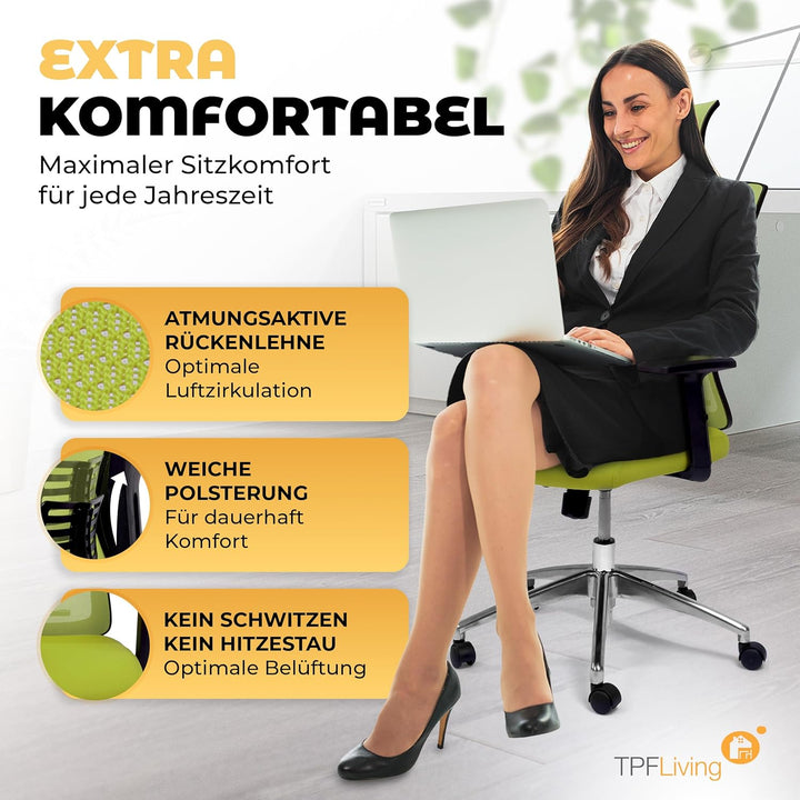 Bürostuhl Zeus (Grün) – Bürostuhl ergonomisch und komfortabel inkl. Verstellbarer Lordosenstütze &amp; k