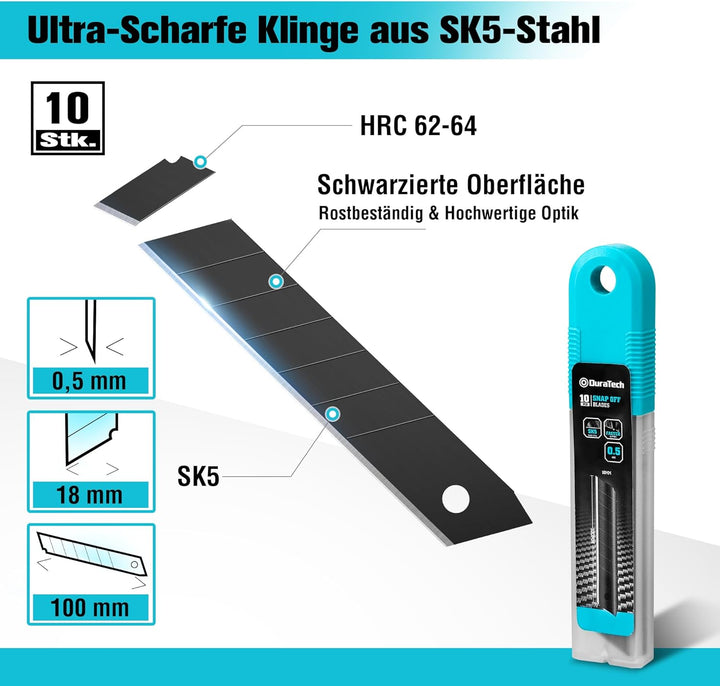 DURATECH 3 Stück Cuttermesser Set 18mm Profi Teppichmesser mit Drehknopf Sicherheitssperre, SK5 Abbr