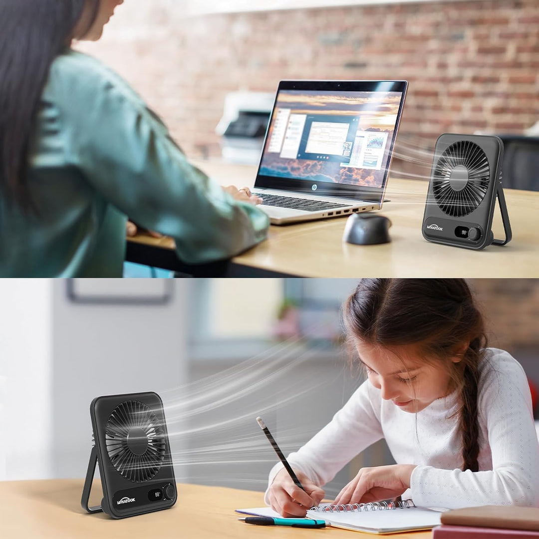 WHATOOK USB Ventilator Leise 2 Stück: Stufenlos 1-100 Regler, 5000mAh Akku Tischventilator mit Schne
