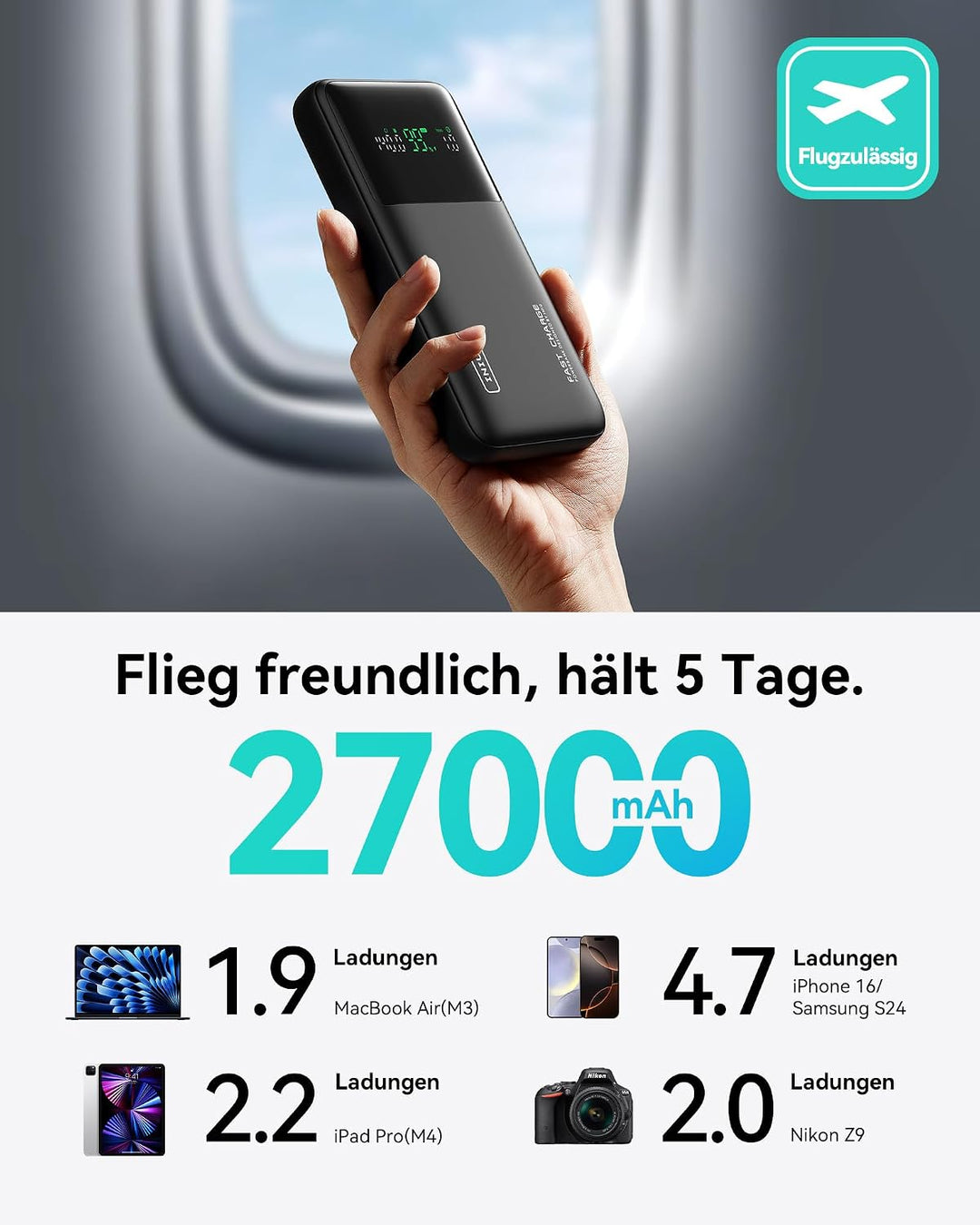 INIU Power Bank, 27000mAh 140W Power Bank Klein Aber Stark USB C Input &amp; Output for Phone &amp; Laptop,