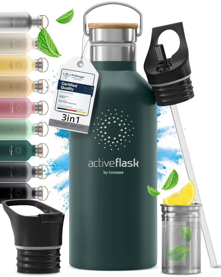 Trinkflasche Edelstahl mit Strohhalm, Infuser + 3 Deckel: BPA-frei, Auslaufsicher, Kohlensäure geeig