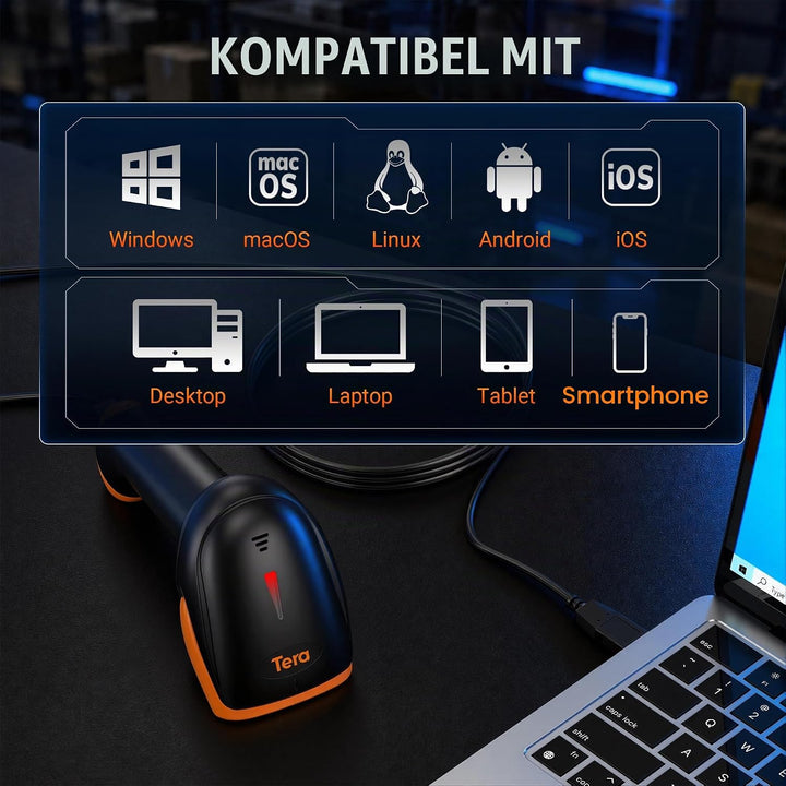 Tera Barcode-Scanner 1D 2D QR 3 in 1 Wireless 2.4 GHz/Bluetooth/USB Wired Barcode-Lesegerät mit Stän