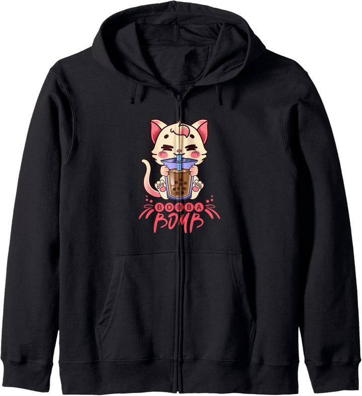 Kleine Katze mit Bubble Tea für Mädchen, Kinder, Kawaii Kult Kapuzenjacke