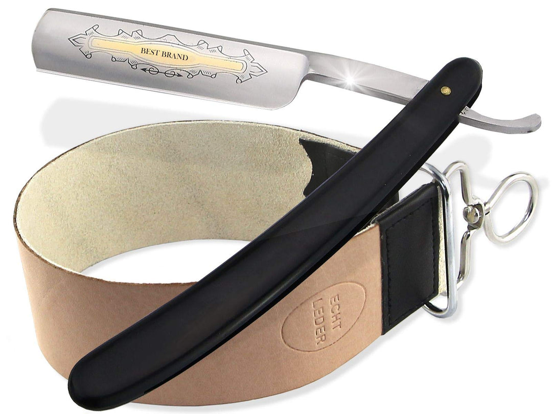 InstrumenteNrw Streichriemen mit Rasiermesser als Bartmesser Set - 2-Teilig - Klinge mit Goldätzung