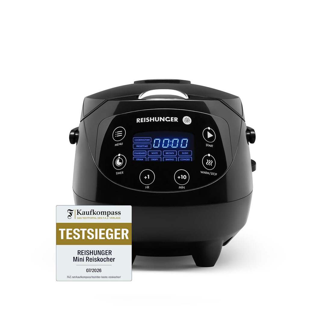 Digitaler Reishunger Mini Reiskocher und Dampfgarer in Schwarz - Warmhaltefunktion, Timer &amp; Premium