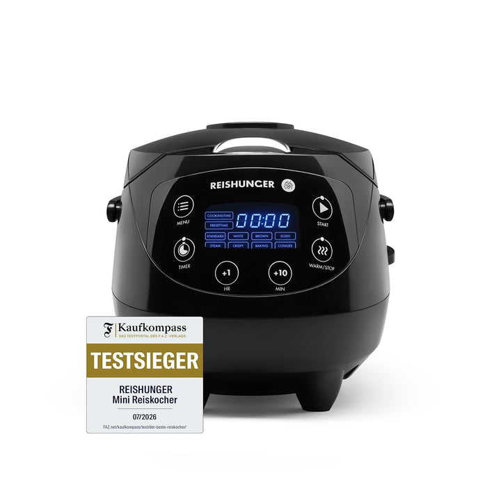 Digitaler Reishunger Mini Reiskocher und Dampfgarer in Schwarz - Warmhaltefunktion, Timer &amp; Premium