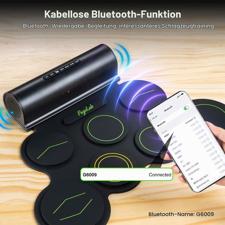 POGOLAB Aufrollen E-Drum Set, 7 digitale Drum Pad Schlagzeug Elektronisch, Bluetooth-Funktion, mit z