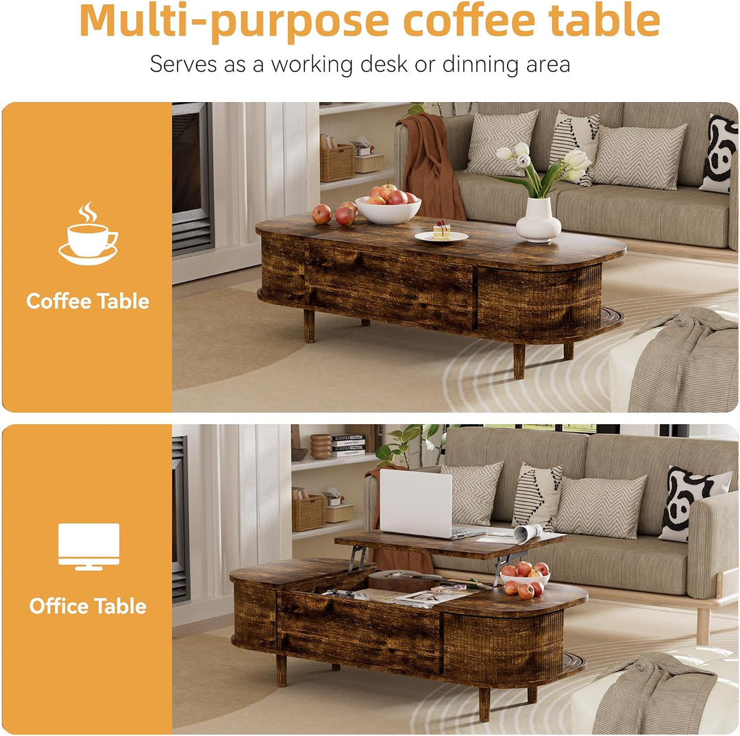 Couchtisch mit Hebeplatte – Moderner Holztisch mit Einzigartiger Textur &amp; Verstecktem Stauraum, Kaff