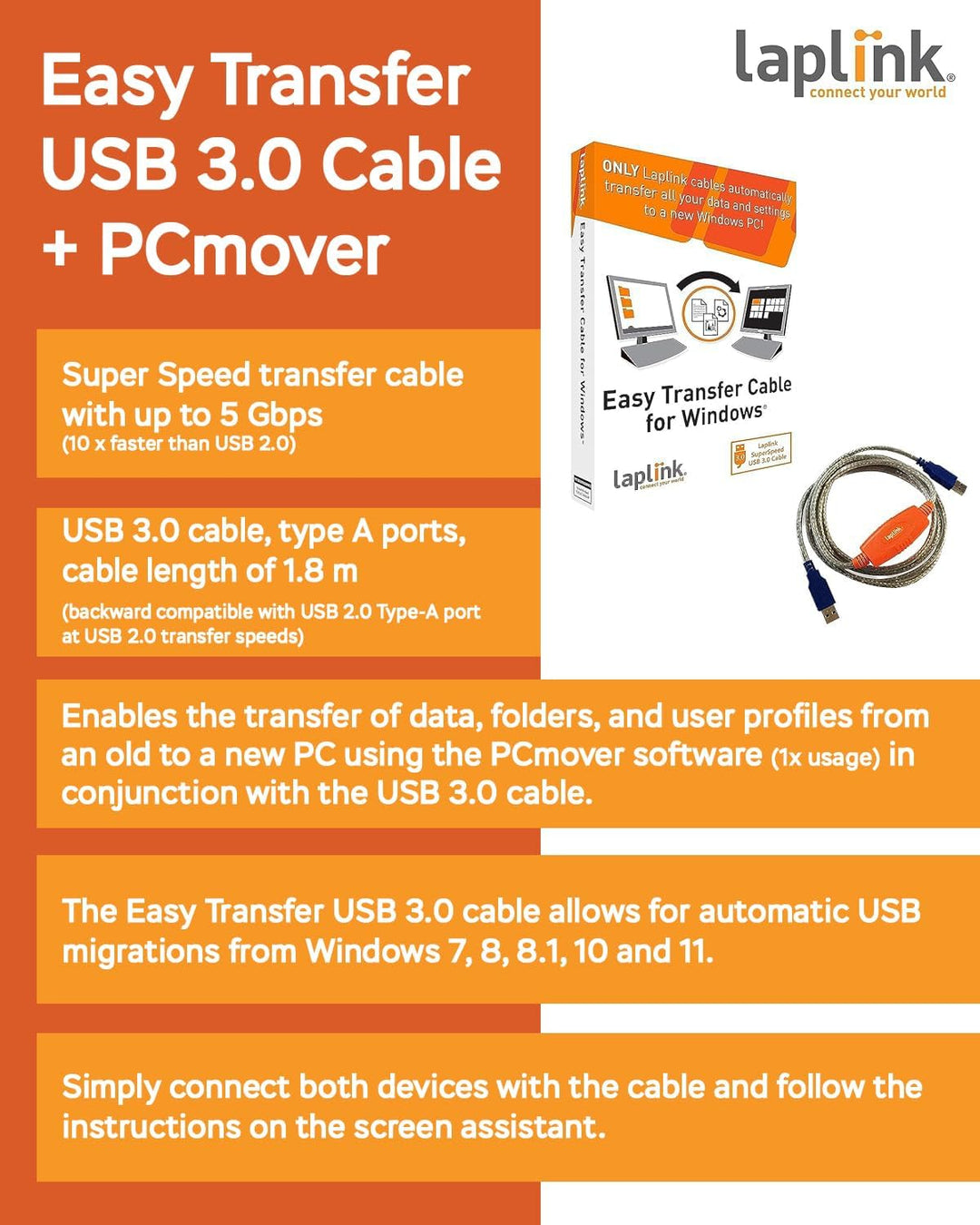 LAPLINK Easy Transfer USB 3.0 Super Speed Kabel &amp; PCmover – 5 Gbps USB Transferkabel inkl. Software