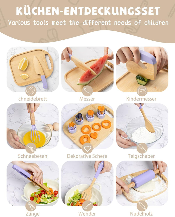 Kindermesser Set – 15-teilig mit sicherem Kiddikutter, Holzmesser Schneidebrett – Montessori Küchens