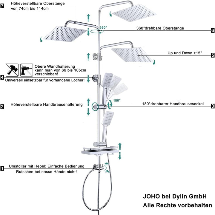 JOHO Edelstahl Duschsystem ohne Armatur Chrom Regendusche Duschset mit Duschgarnitur Ablage(Kopfbrau