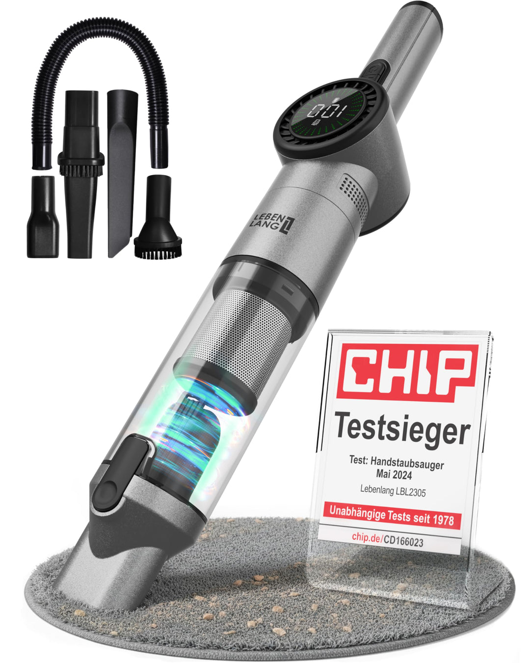 LEBENLANG Kabelloser Handstaubsauger Akku 17000PA I TESTSIEGER I Inkl. Starker LI-Akku &amp; Standhalter