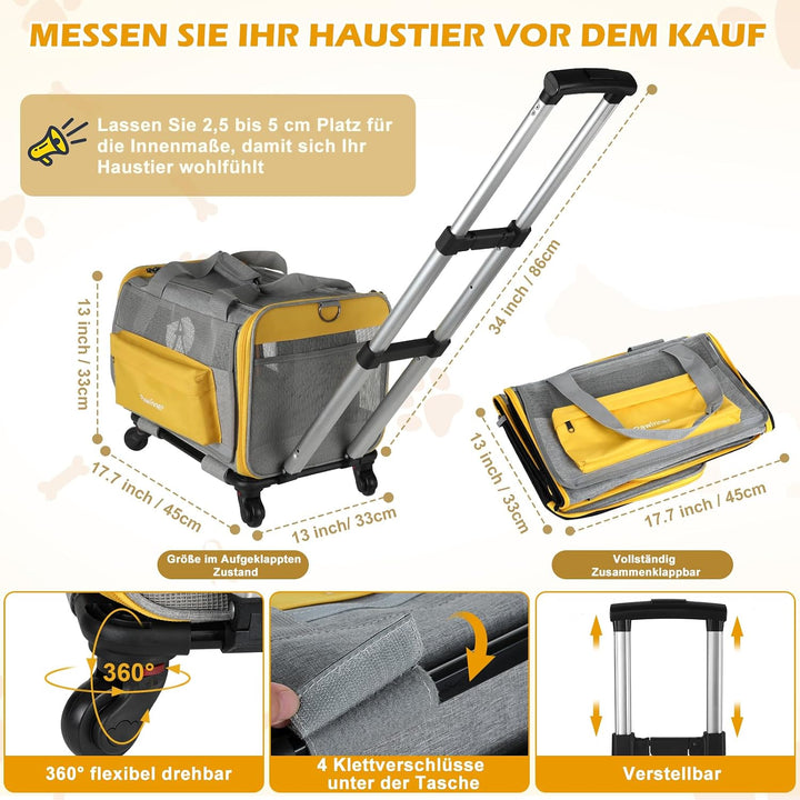 Pawinner Transportbox Katze Hunde mit Rollen, 45x33x33 cm Hundebox mit Trolley für Auto &amp; Flugzeug,