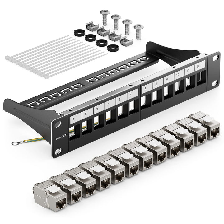 deleyCON 12 Port Patchpanel Set Patchfeld Modular 1 HE 10" Zoll Rackeinbau + 12x RJ45 Keystone Modul