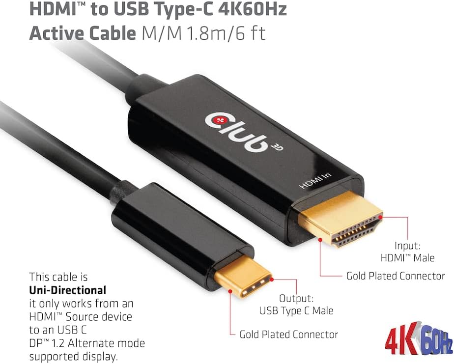 Club3D HDMI™ auf USB-Typ-C 4K60Hz aktives Kabel St./St. 1,8m CAC-1334, CAC-1334