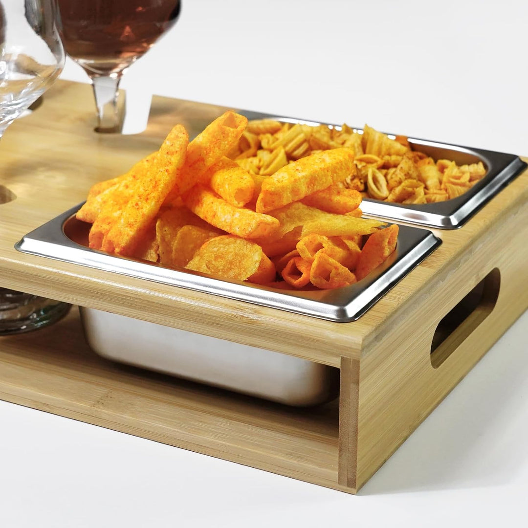 Couch Bar Holz, Couchbar Snackbox Weinglashalter, Rechteckig, Couch Butler mit Edelstahl-Snackschale