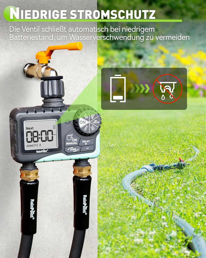 RAINPOINT Bewässerungscomputer 2 Ausgänge, IP65 Wasserdicht Wasser Zeitschaltuhr mit Regenverzögerun