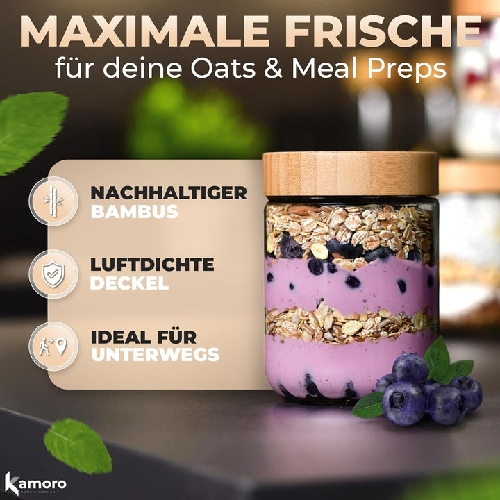 Overnight Oats Gläser 4er Set – Luftdichte Vorratsgläser mit Bambusdeckel 480 ml – Ideal für Overnig