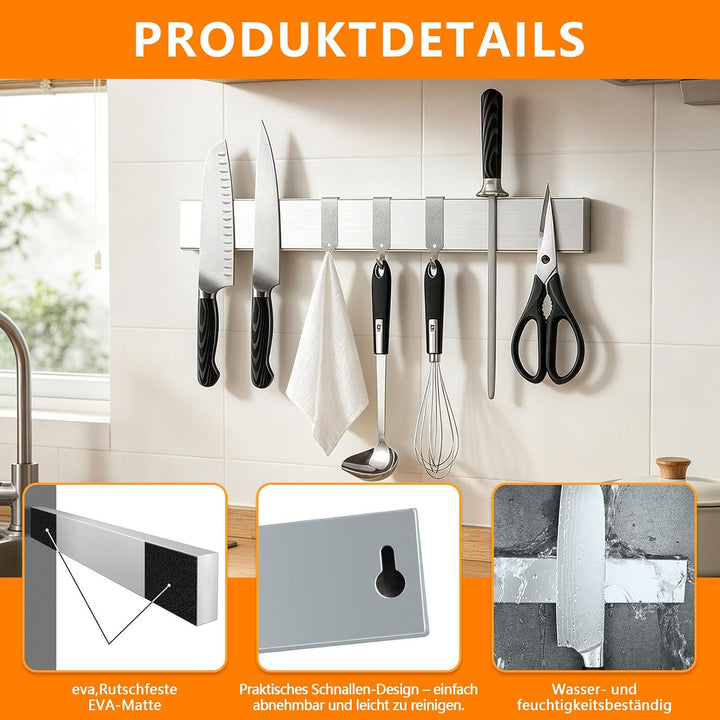 50cm Magnetleiste Messer Selbstklebend mit 3 Haken | Messerhalter Magnetisch, Messermagnete Wand Ohn