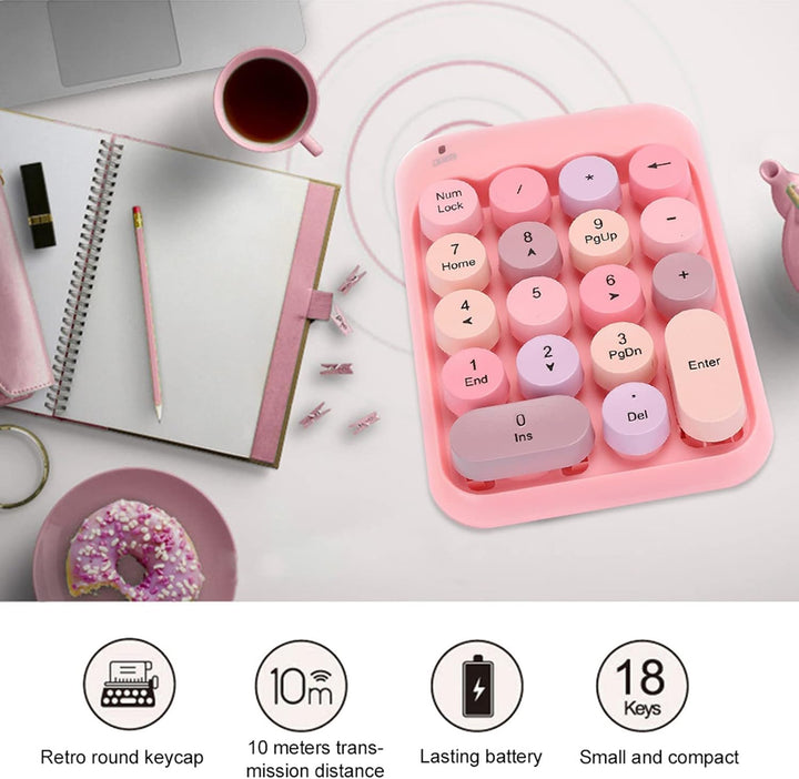 Dpofirs X910 Wireless Ziffernblock mit 18 Runden Tasten, Rosa wasserdichte USB-Ziffernblock Im Retro