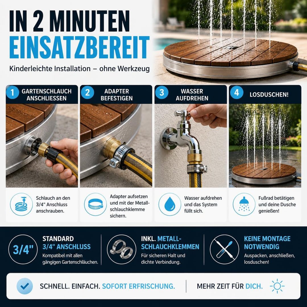 poolomio® Bodendusche Outdoor Ø 74 cm | Premium Gartendusche aus WPC mit 18 Wasserfontänen &amp; bis 4 m