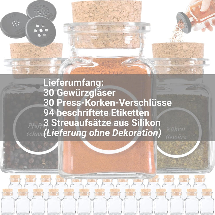 GIESSLE 30x Gewürzgläser mit 94x Etiketten im Set mit Korkverschluss Vorratsgläser Gewürzdosen