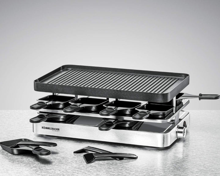 ROMMELSBACHER Raclette Grill RC 1400 - Wendeplatte zum Grillen &amp; für Crepes, 8 Pfännchen, Antihaftbe