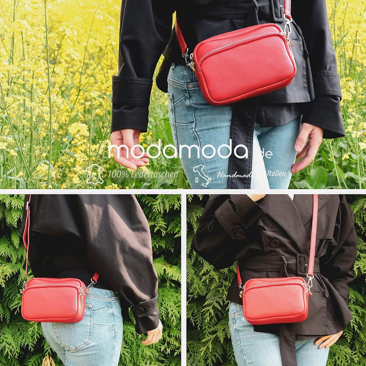 modamoda de - T231 - ital. Umhängetasche Klein Small aus Leder Telegrau, Telegrau
