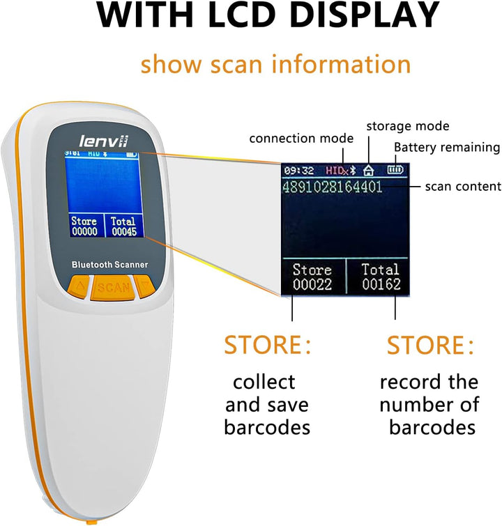 LENVII Mini Bluetooth 2D Barcode Scanner Kabellos – 3-in-1 mit LCD Display Weiss, Weiss