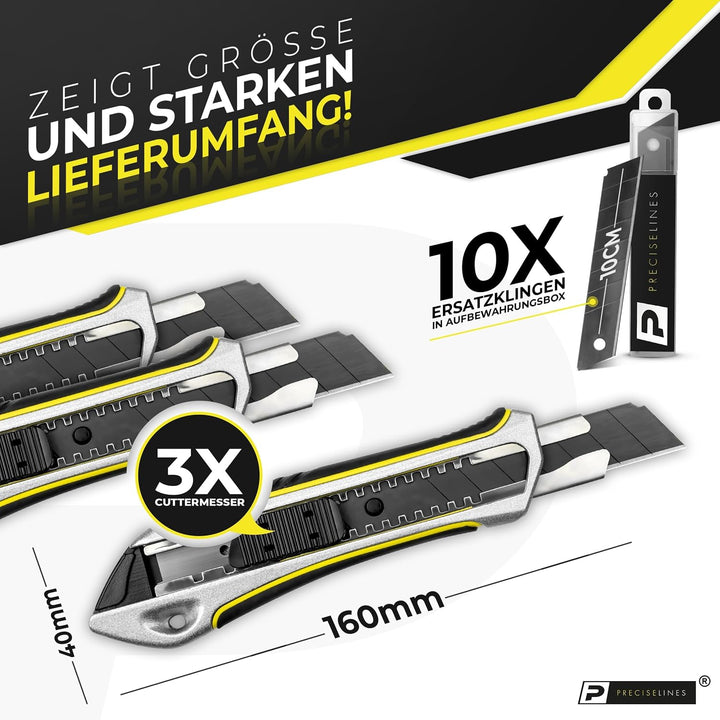 Precise Lines [3er Set] Profi Cuttermesser 18mm | Heavy-Duty-Gehäuse mit versenktem Schieberegler un