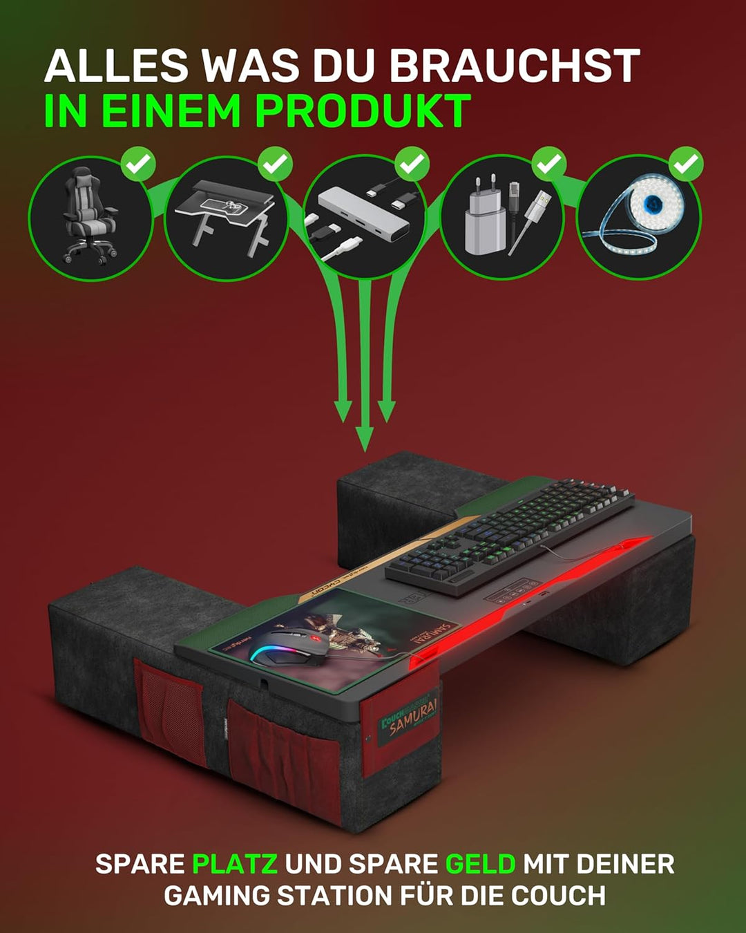 Couchmaster CYCON³ Samurai Edition mit Horizonlight-Stange, ultimativer ergonomischer USB-Hub, Gamin