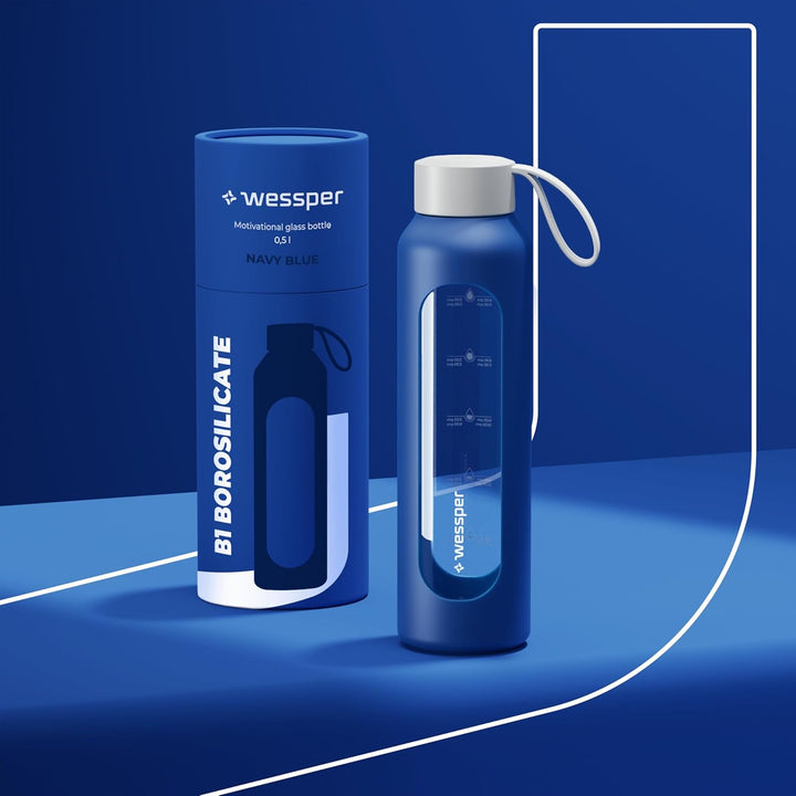 Wessper Trinkflasche Glas 500 ml, Motivations wasser glasflasche mit Hydrationsskala, borosilikatgla
