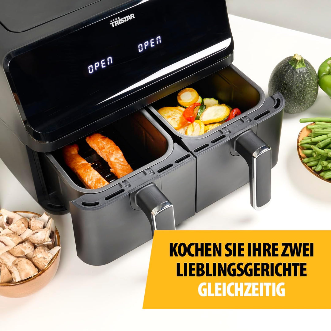 Tristar digitale Heissluftfritteuse mit Doppelkorb - 2 x 4 L Fassungsvermögen - 2700 W - 8 Programme